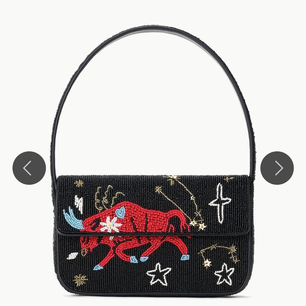 STAUD Black Beaded Shoulder Bag with Red Embroidery
